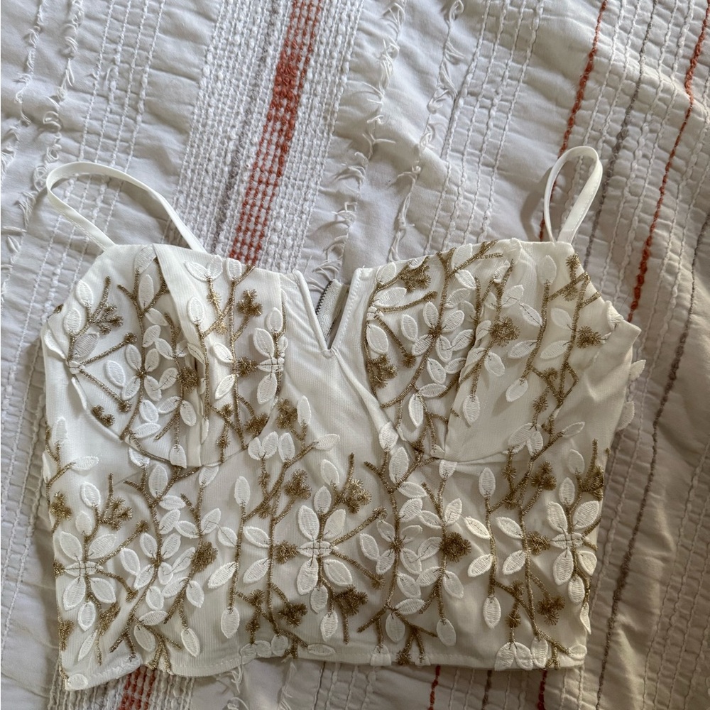 Elegant White and Gold Embroidered Women's Top
